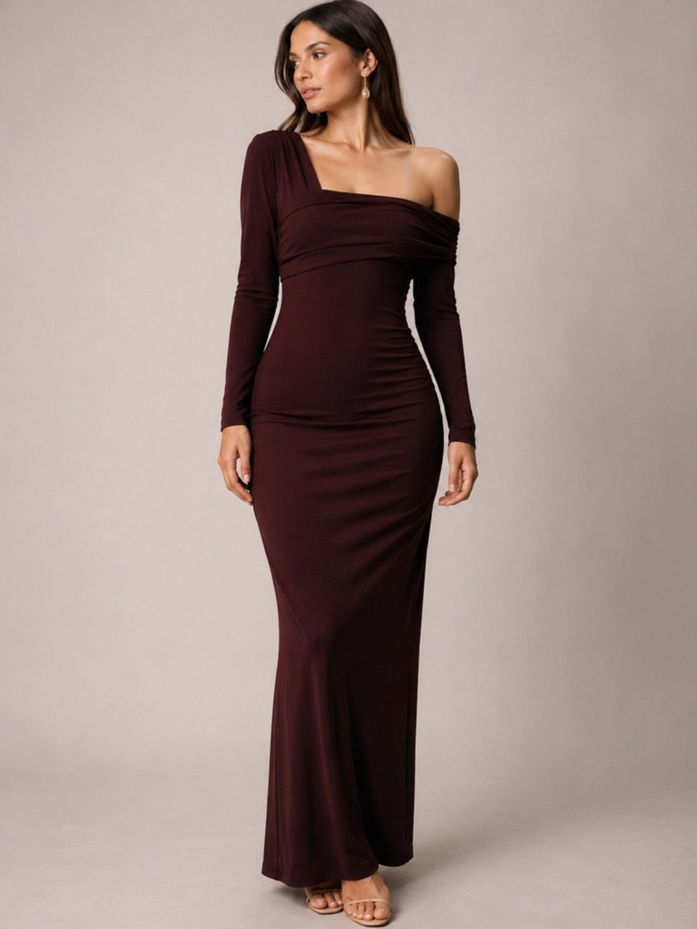 Karina Grimaldi One Shoulder Maxi Dress Modal Merlot Size Large NWT